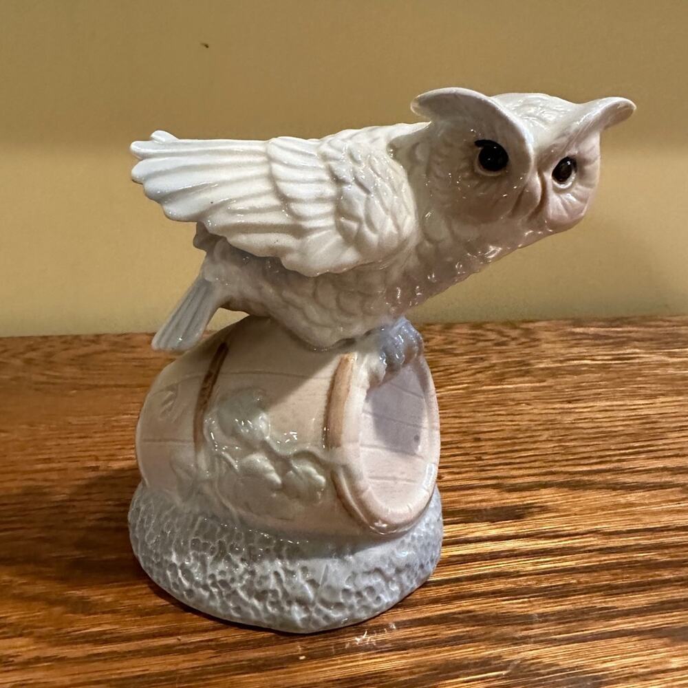 Vintage Porcelain Owl on Barrel Figurine